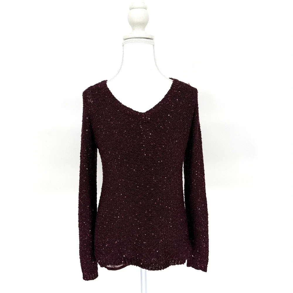 Holiday Sparkly Apt. 9 Sequin Long Sleeve V Neck Sweater PS Burgundy‎